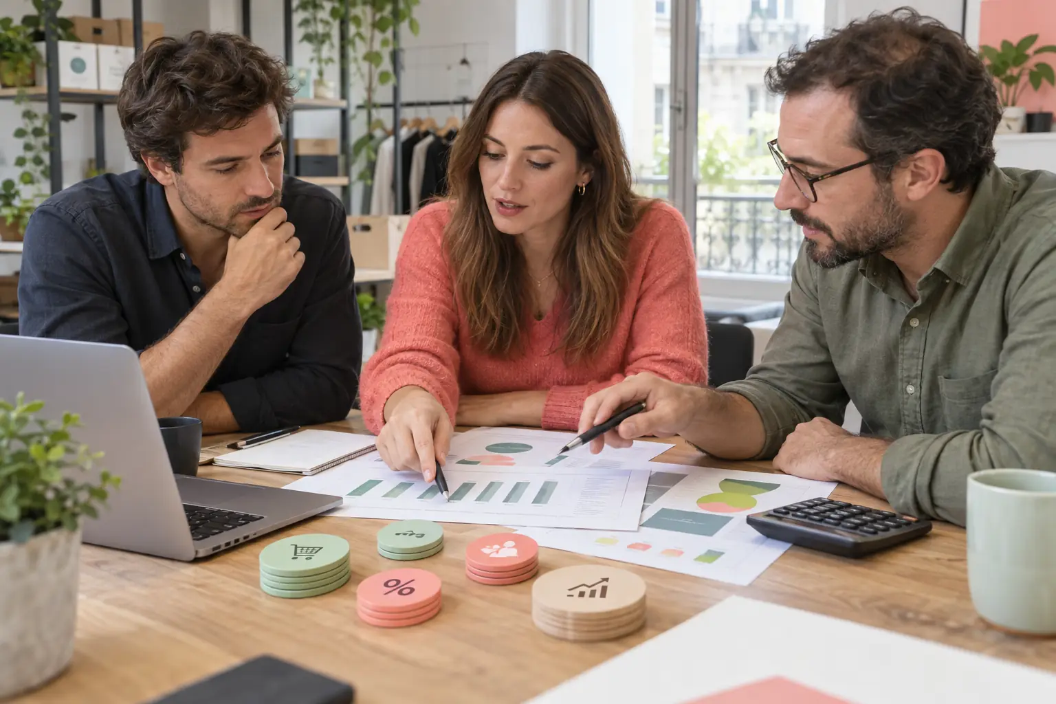 Entrepreneurs et spécialiste finance définissant un modèle de commission partenaire rentable