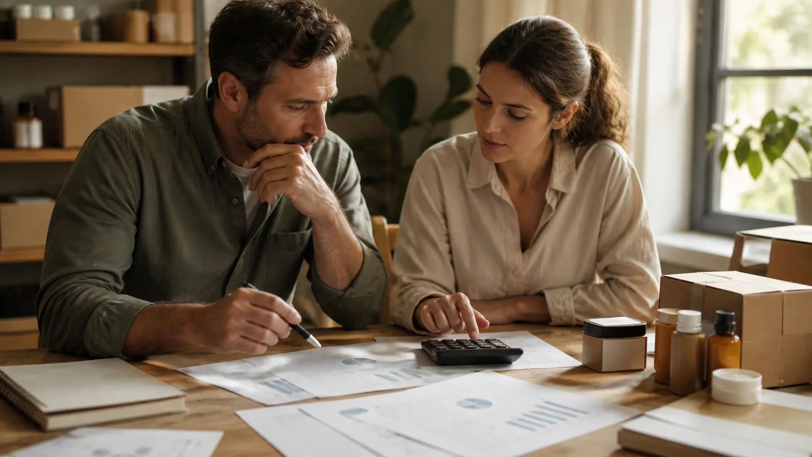 Small-business owners reviewing a commission plan and commercial forecasts