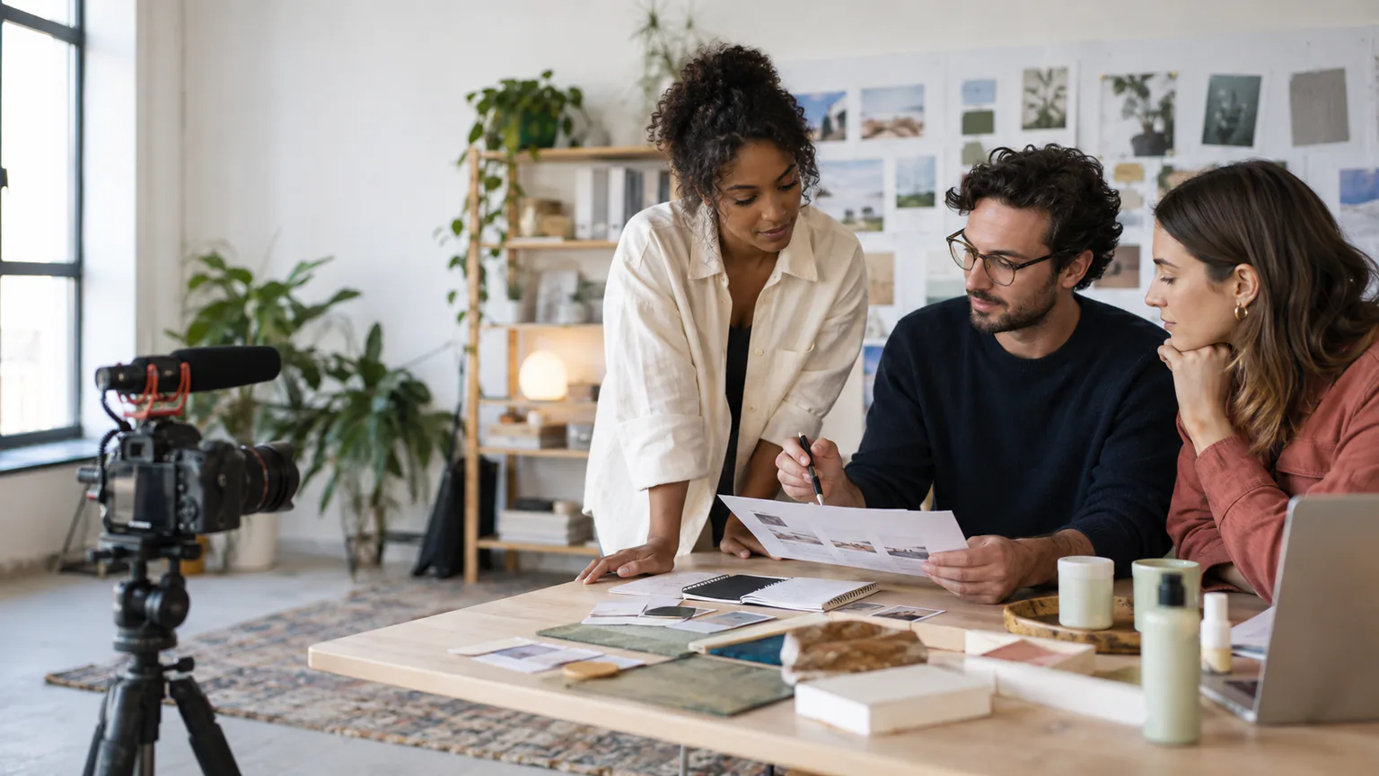 Creator, editor and partnership manager shaping an affiliate content brief in an independent studio