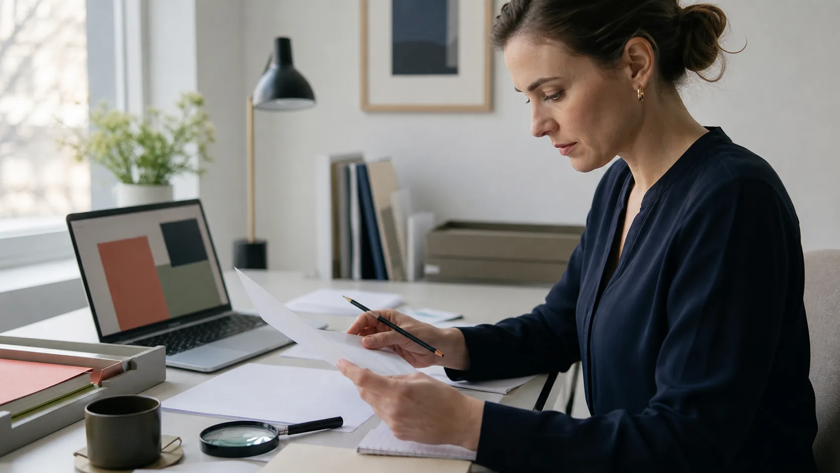 Redattrice che verifica una proposta di piattaforma con fonti ufficiali