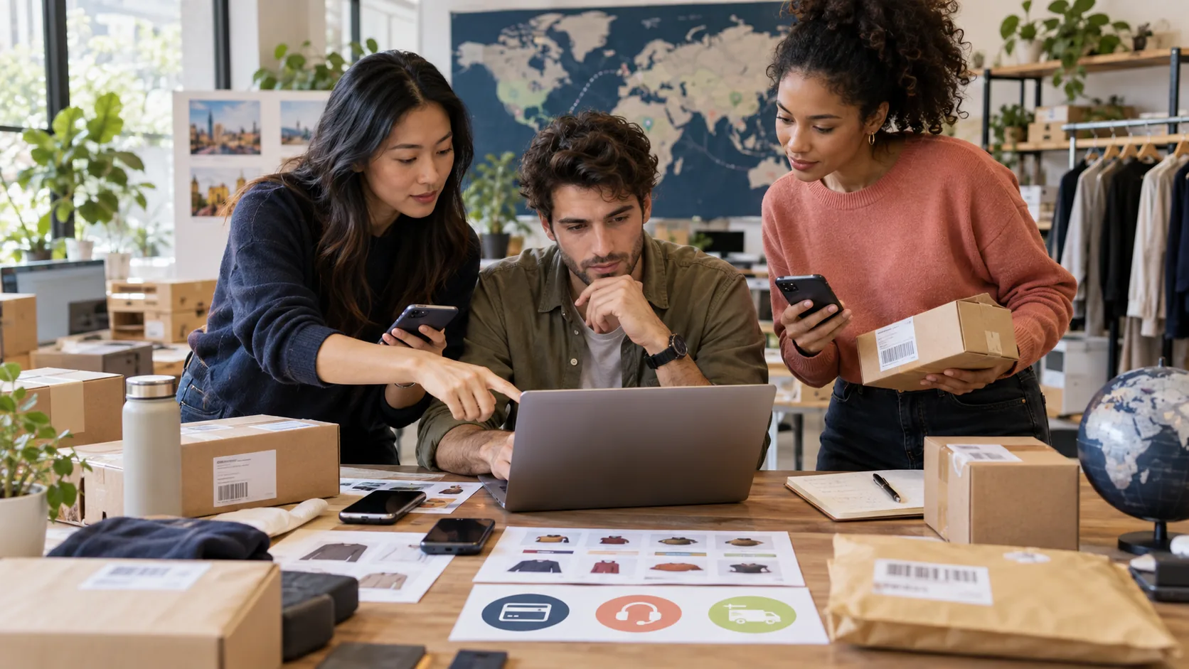 Équipe e-commerce testant sur mobile les paiements, la livraison et le service client de plusieurs marchés