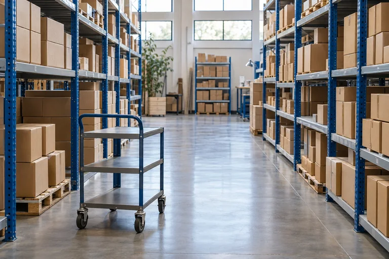 Illustration: shelves, boxes and trolley in a warehouse