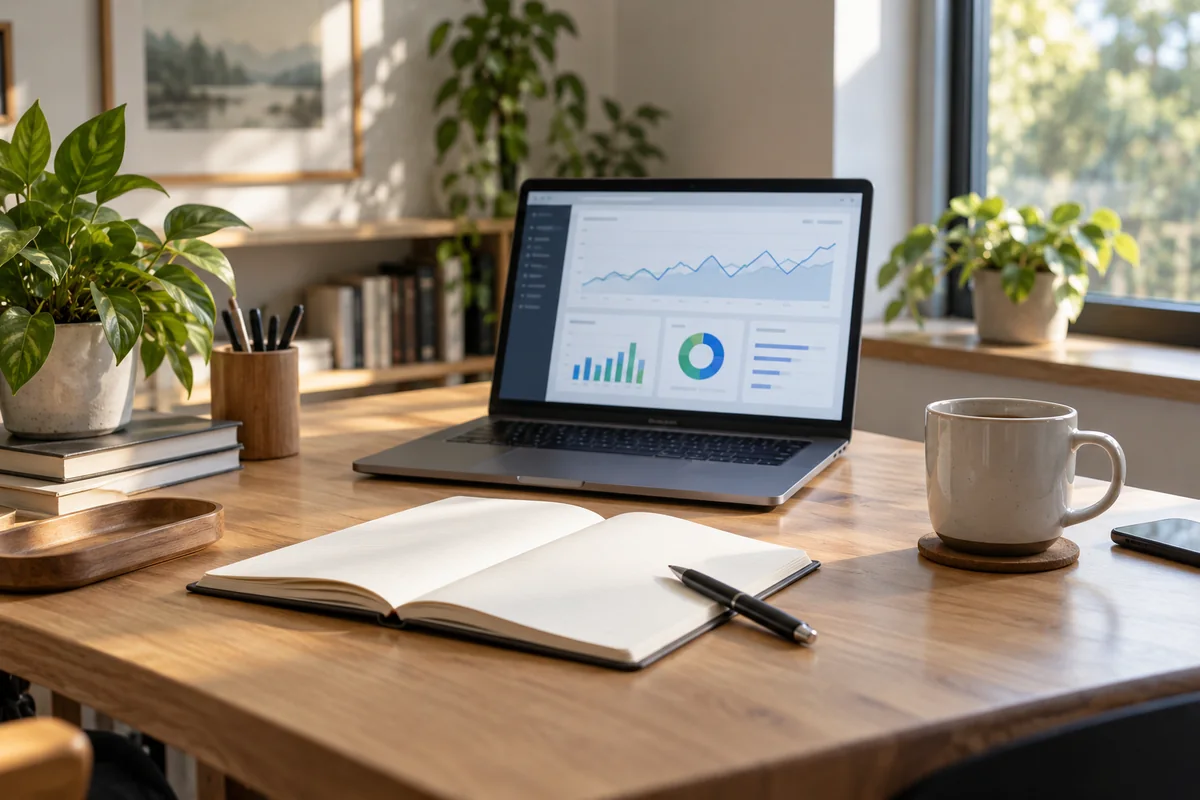 Illustration : ordinateur portable et carnet sur un bureau